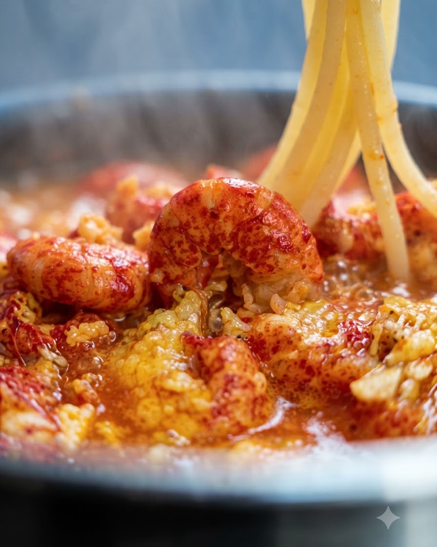 Largos hilos de espaguetis cocidos siendo levantados y añadidos a la sartén con la salsa de cangrejo de río.