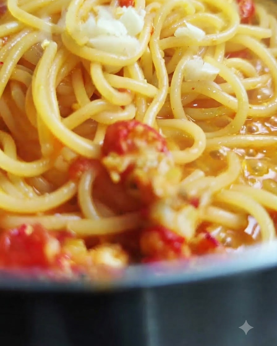 Trozos de ajo fresco picado espolvoreados encima de los espaguetis cocidos mezclados en salsa.
