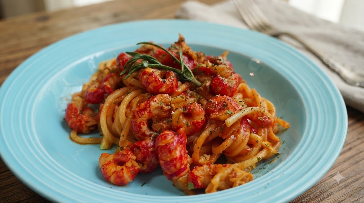 Pasta con Colas de Cangrejo de Río al Ajillo