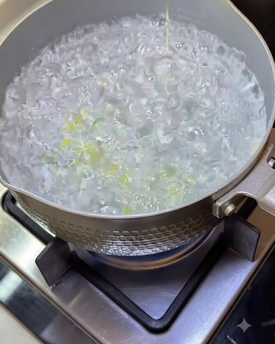 Fideos de espaguetis cociéndose en una olla con agua hirviendo y líquido burbujeante.