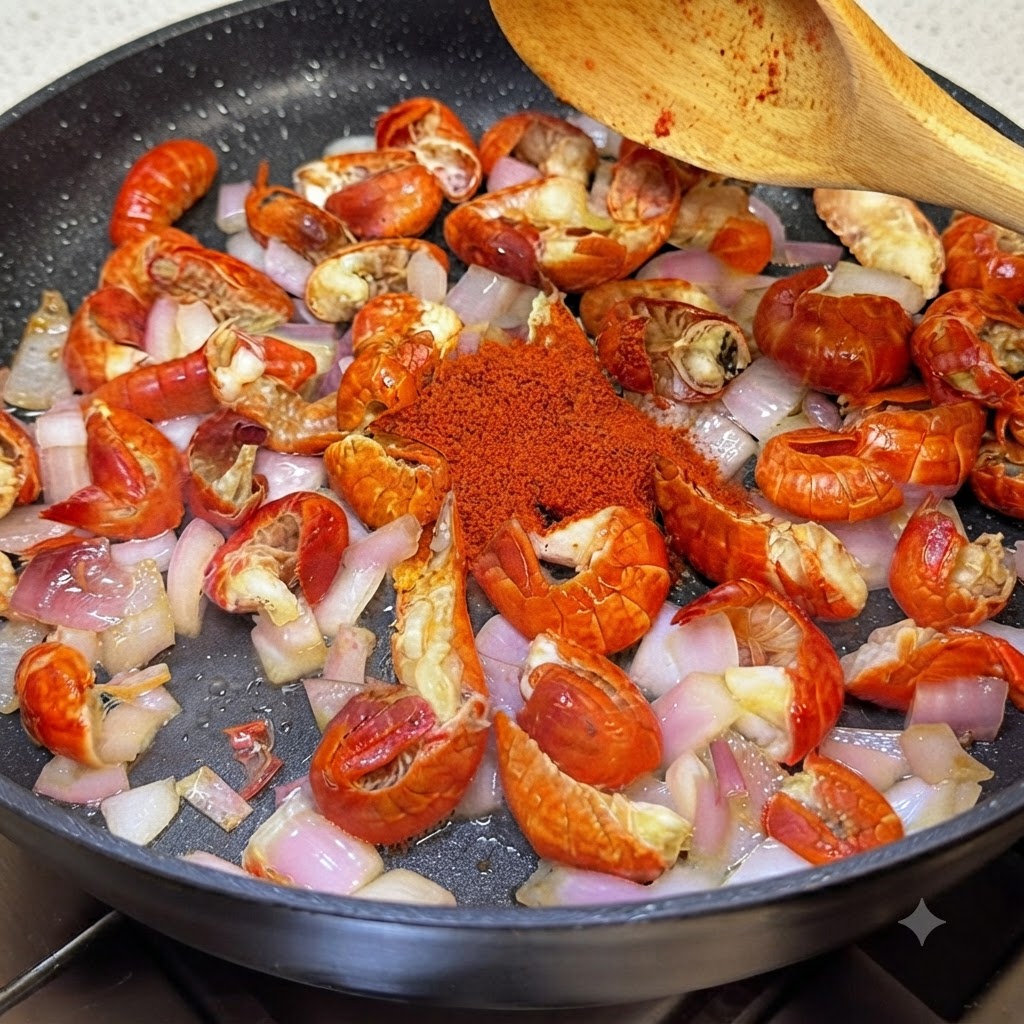 Especias y pasta de chile amontonadas sobre el cangrejo y las cebollas en una sartén, con una cuchara de madera cerca.