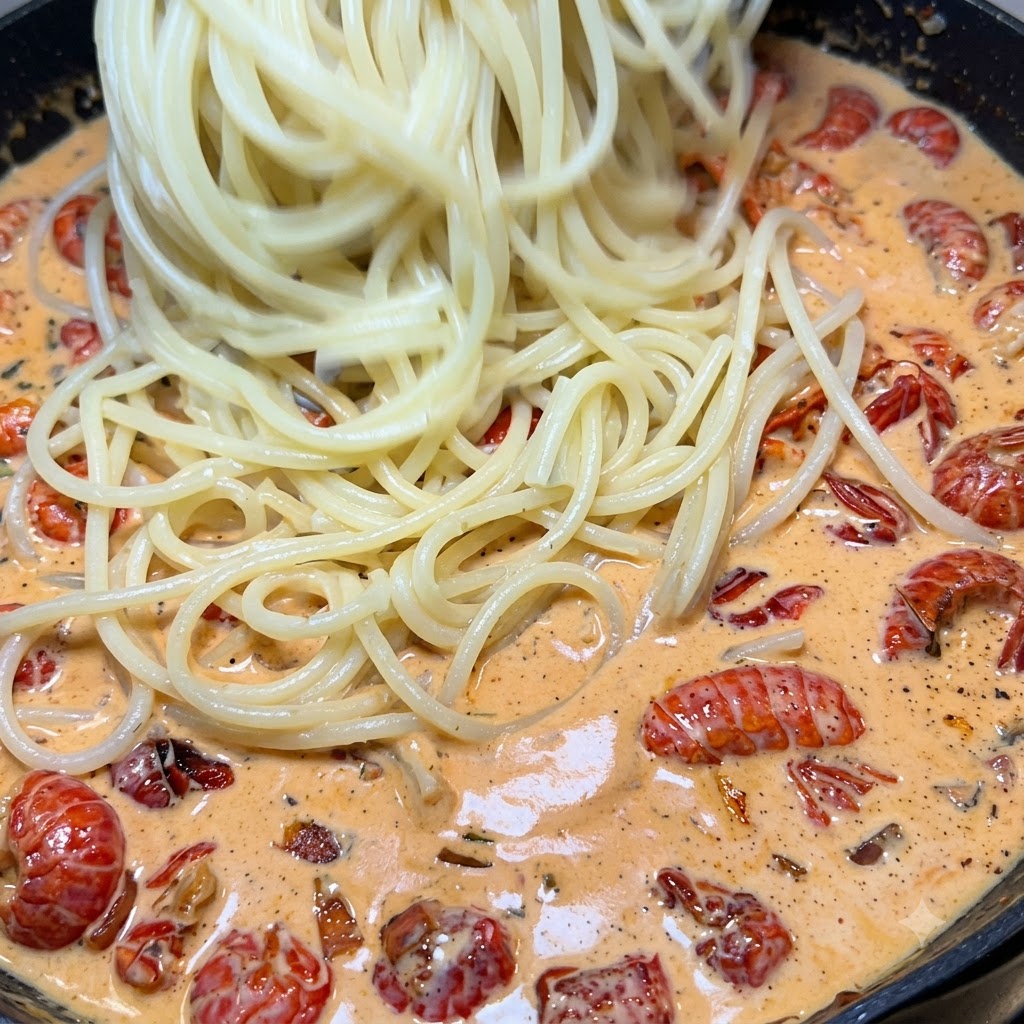 Fideos de espaguetis cayendo en una sartén llena de salsa cremosa de cangrejo de río.