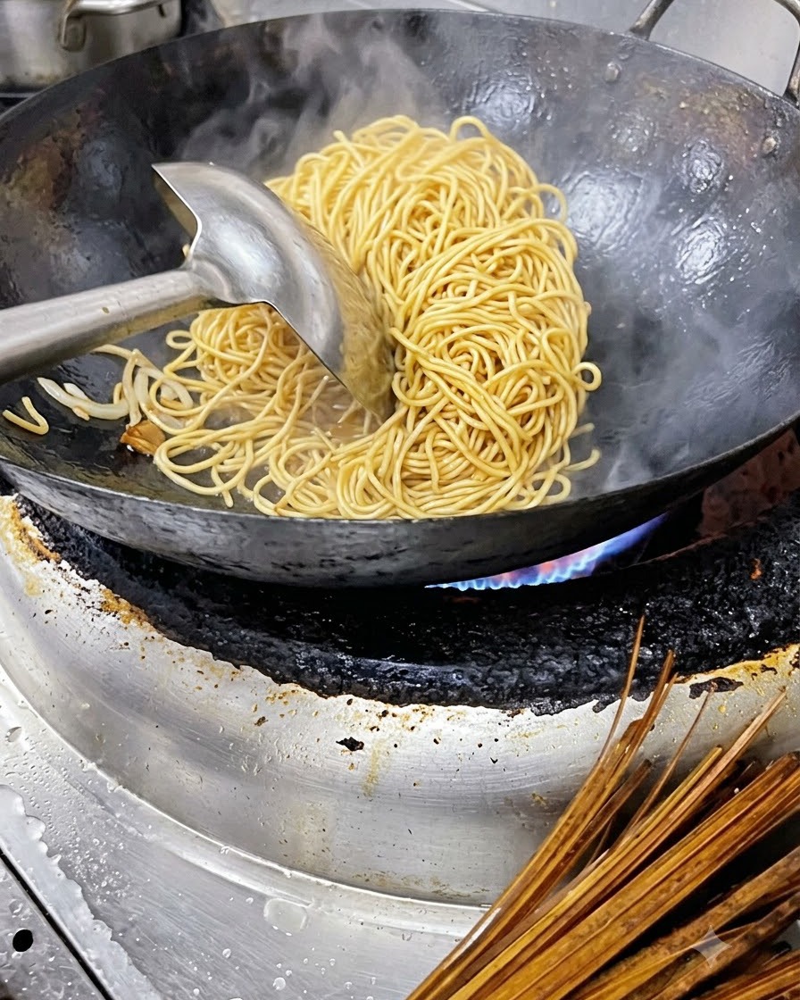 Fideos amarillos hervidos siendo revueltos en un wok de metal grande con un cucharón.