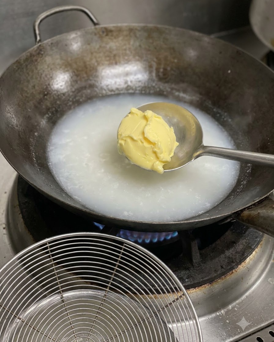 Una cucharada de mantequilla amarilla o queso siendo añadida a un caldo de sopa blanco hirviendo a fuego lento en un wok.