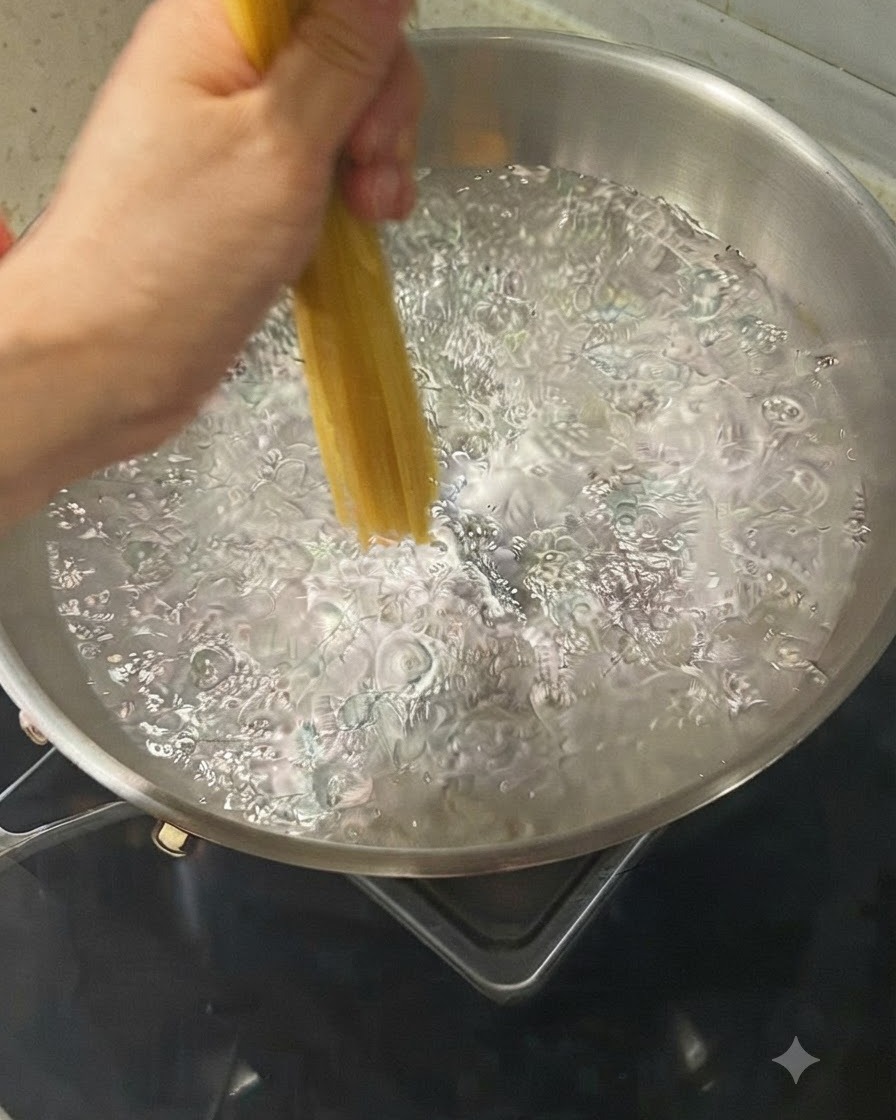 Una mano sosteniendo y bajando un paquete de fideos espagueti en una olla con agua hirviendo.