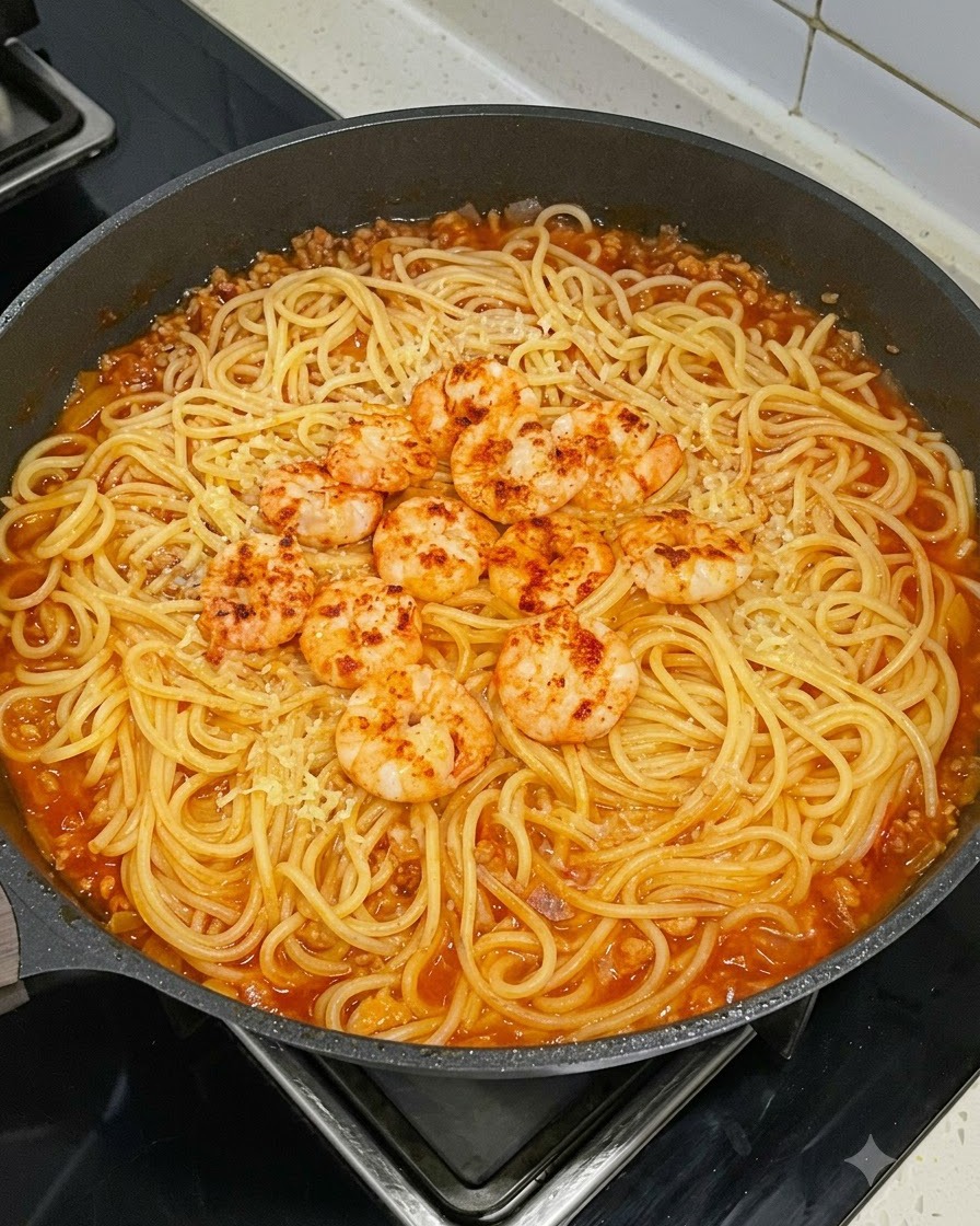 Una sartén con pasta y salsa de carne cubierta con un círculo de camarones sazonados y sellados, y una ligera capa de queso rallado.