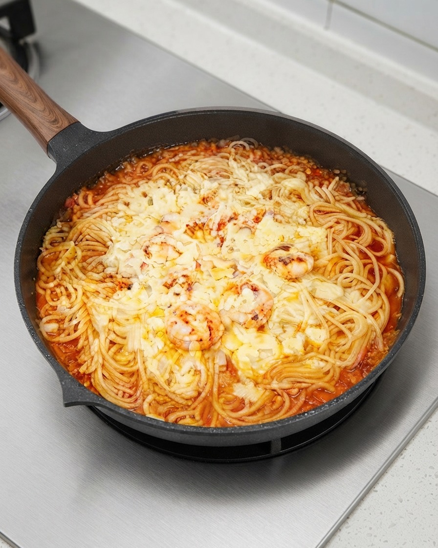 Una sartén de pasta y camarones completamente cubierta con una capa gruesa de queso rallado fundido y hierbas secas espolvoreadas.