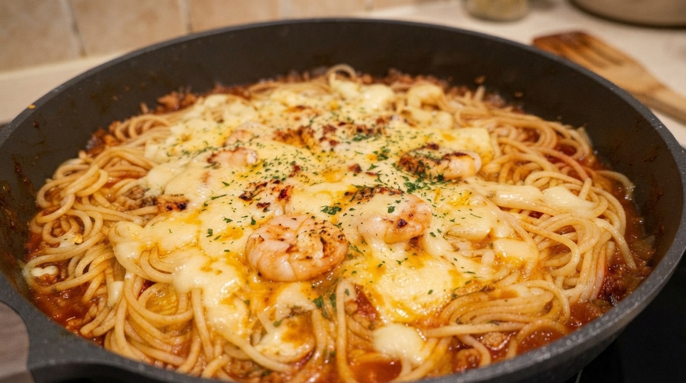 Pasta en una Sarten con Queso y Camarones
