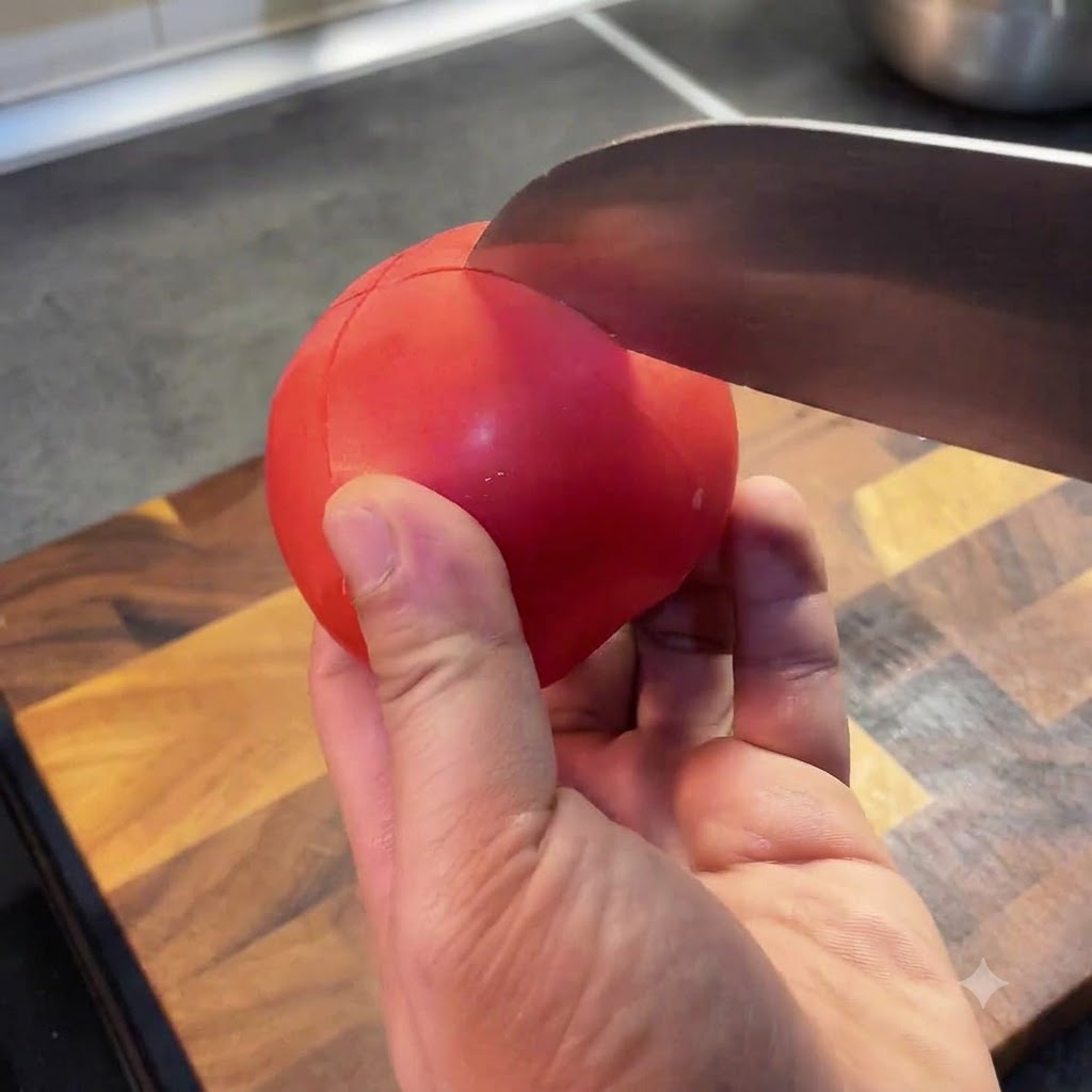 Una mano usando un cuchillo de chef para marcar una X en la parte superior de un tomate rojo brillante en una tabla de cortar.
