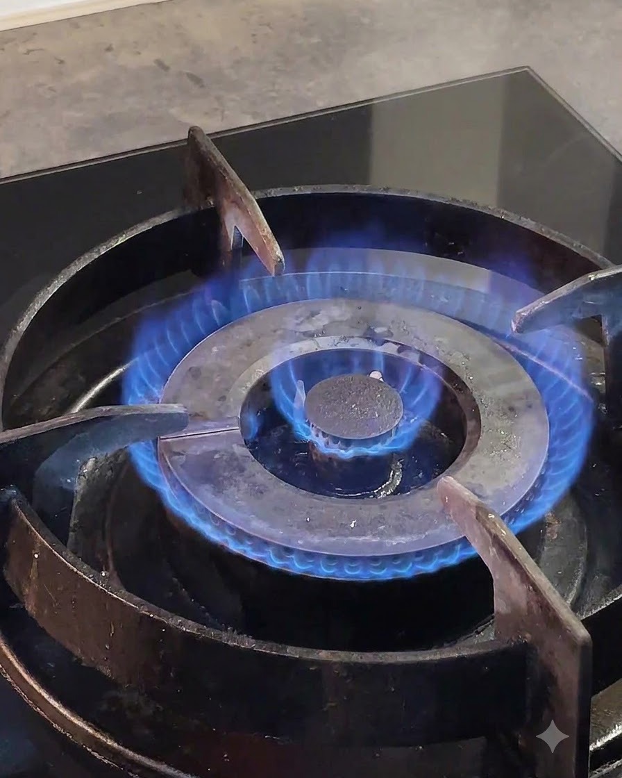 Una llama de estufa de gas azul ardiendo intensamente bajo las rejillas metálicas del quemador.
