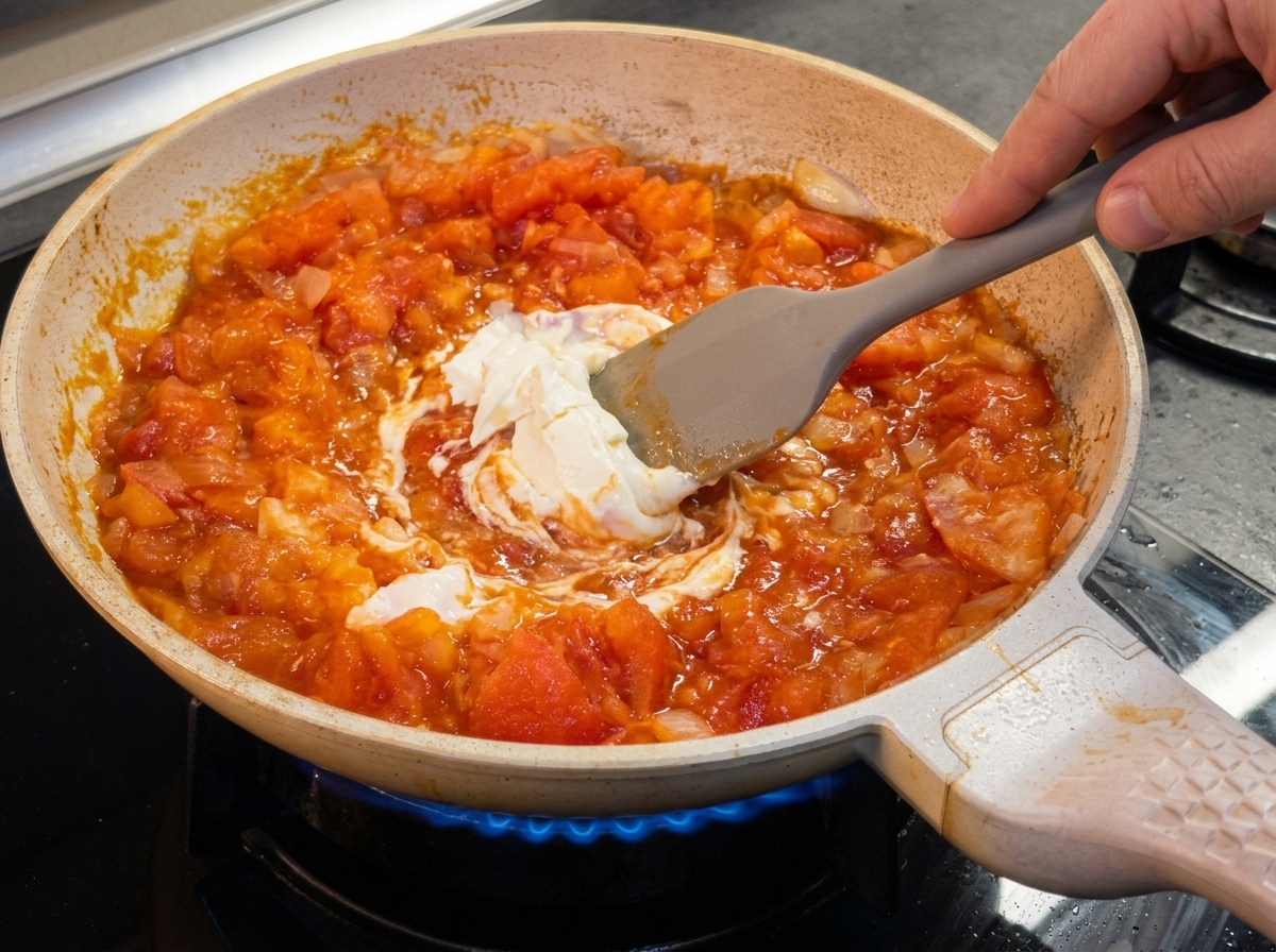 Un trozo de queso crema derritiéndose en una salsa vibrante y humeante de tomate y cebolla dentro de una sartén.