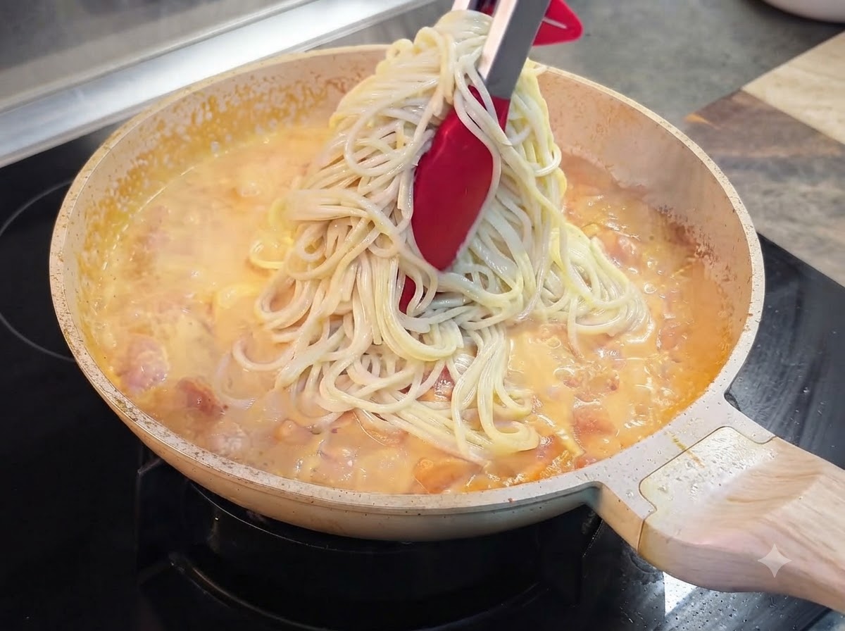 Espaguetis siendo transferidos con pinzas desde una olla directamente a una sartén con salsa de tomate cremosa a fuego lento.