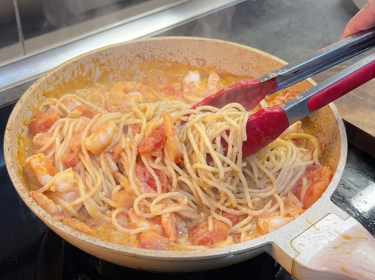 Espaguetis y camarones siendo revueltos juntos con pinzas en una salsa de tomate cremosa dentro de una sartén.