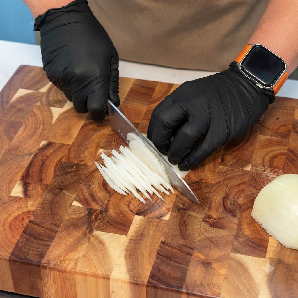 Cebollas amarillas cortadas en finas rodajas sobre una tabla de cortar de madera con un cuchillo de chef.