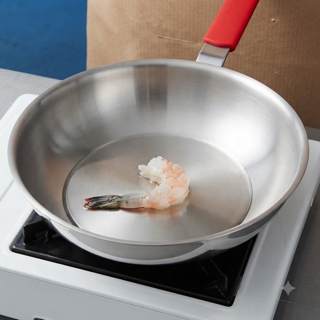 Un solo camarón crudo marinado sellándose en una sartén caliente de acero inoxidable.