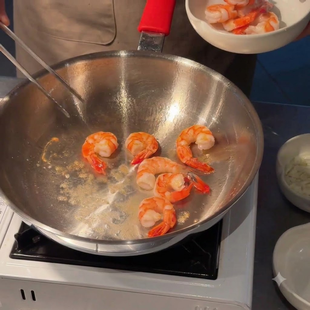 Mantequilla derritiéndose en una sartén con cebollas y ajo picado friéndose.