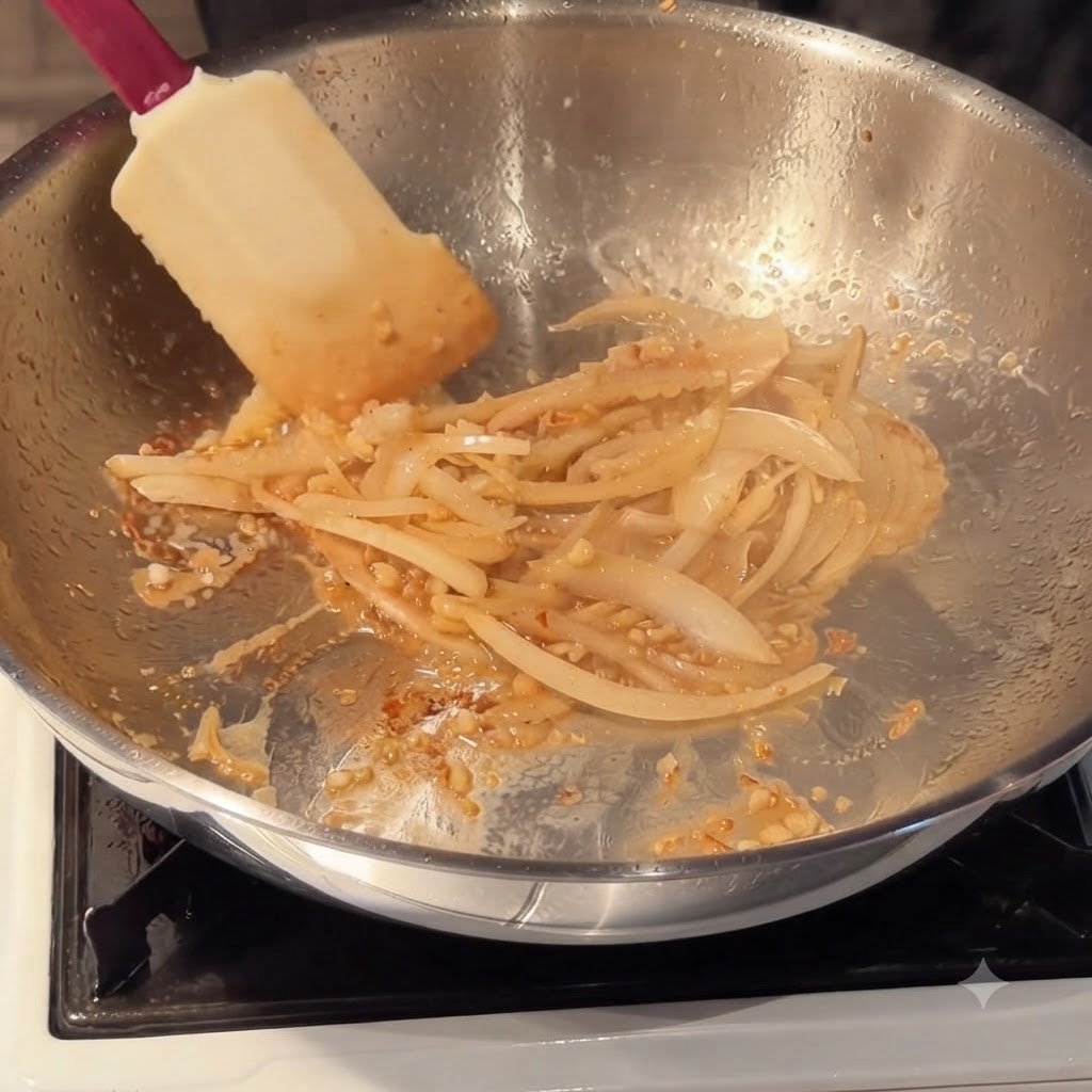 Crema de leche, pasta de ají coreano y pasta de tomate mezclándose en una salsa dentro de una sartén.