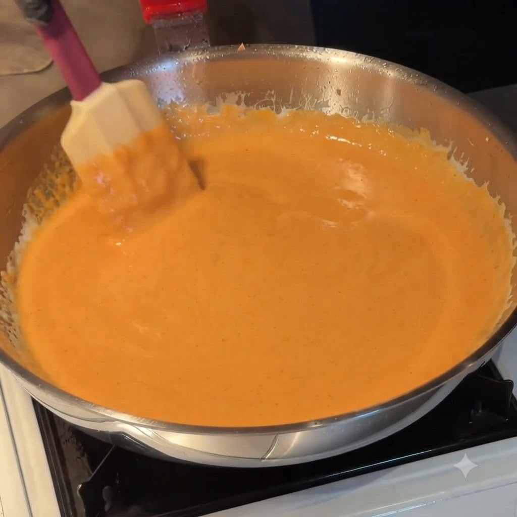 Pasta cocida siendo doblada en una salsa de crema naranja suave dentro de una sartén de acero inoxidable usando una espátula.