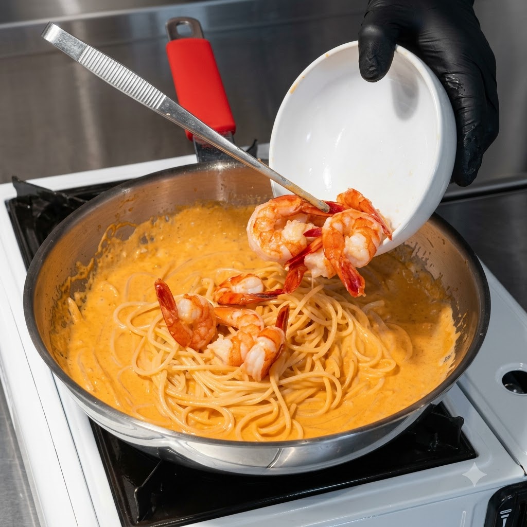 Camarones cocidos siendo vertidos desde un tazón blanco pequeño en una sartén con pasta coreana cremosa.