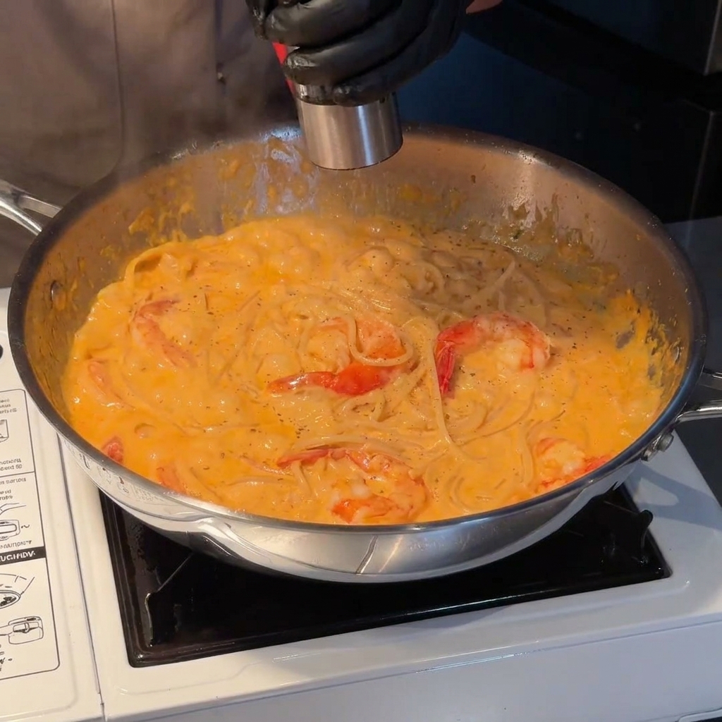 Una persona usando un molinillo para moler pimienta negra sobre la pasta cremosa con camarones en una sartén de acero inoxidable.
