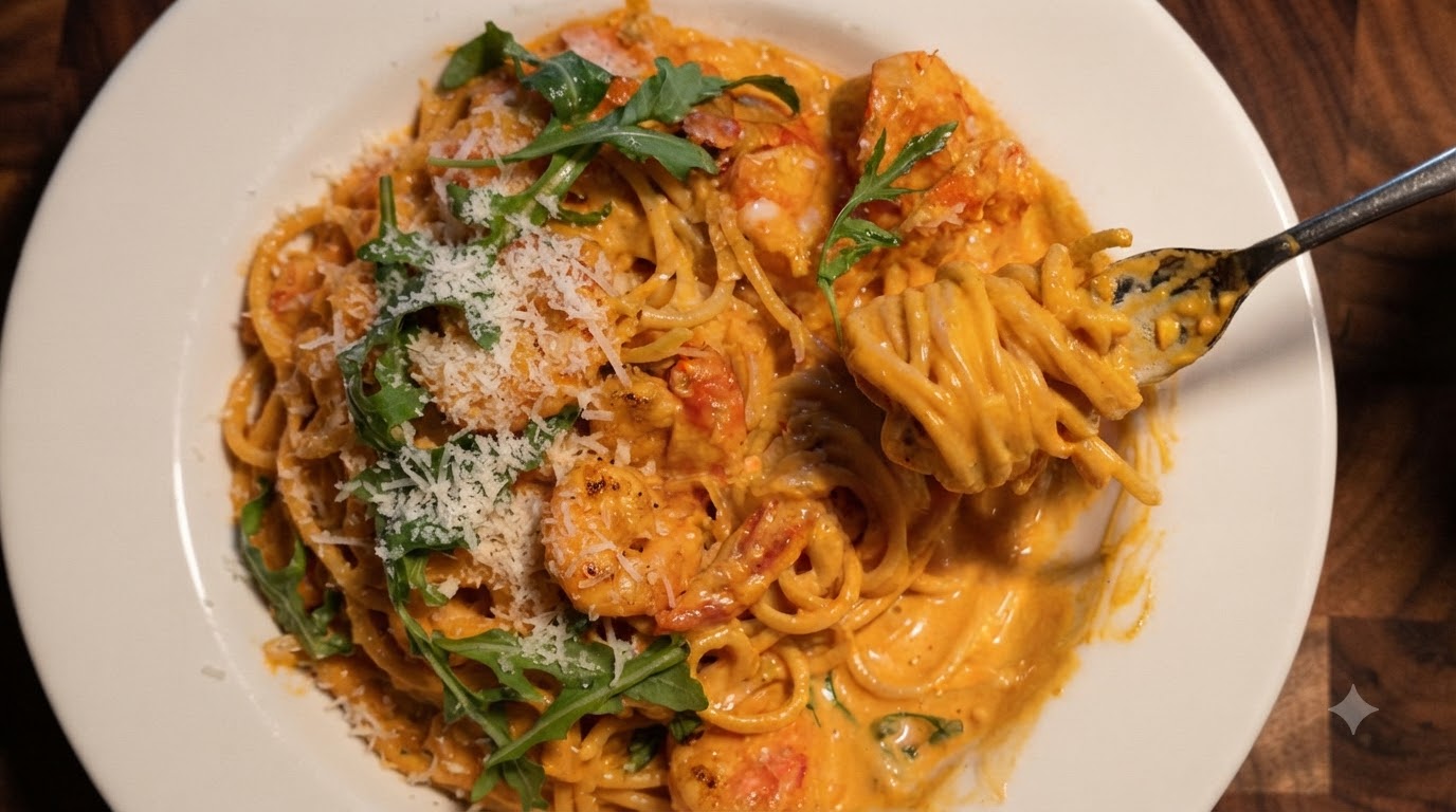 Un plato de pasta coreana cremosa con camarones de color rojo anaranjado, coronada con rúcula fresca y queso parmesano rallado.