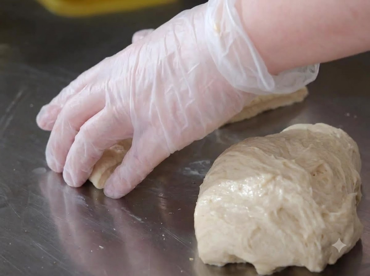 Una mano enguantada dando forma a una porción de masa de pizza en una bola redonda y lisa sobre la mesa de trabajo.