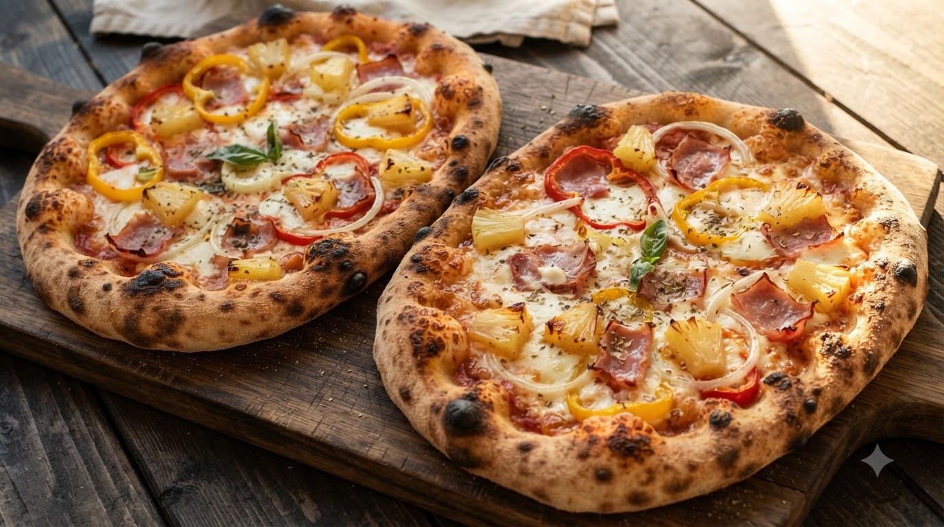 Dos pizzas caseras recién horneadas cubiertas con piña, pimientos, cebollas, jamón y queso derretido sobre tablas de madera.