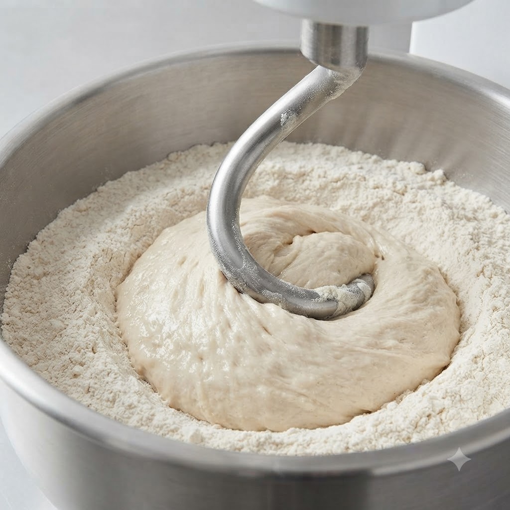 Un gancho espiral amasando una mezcla de poolish con la harina dentro de un gran bol de acero.