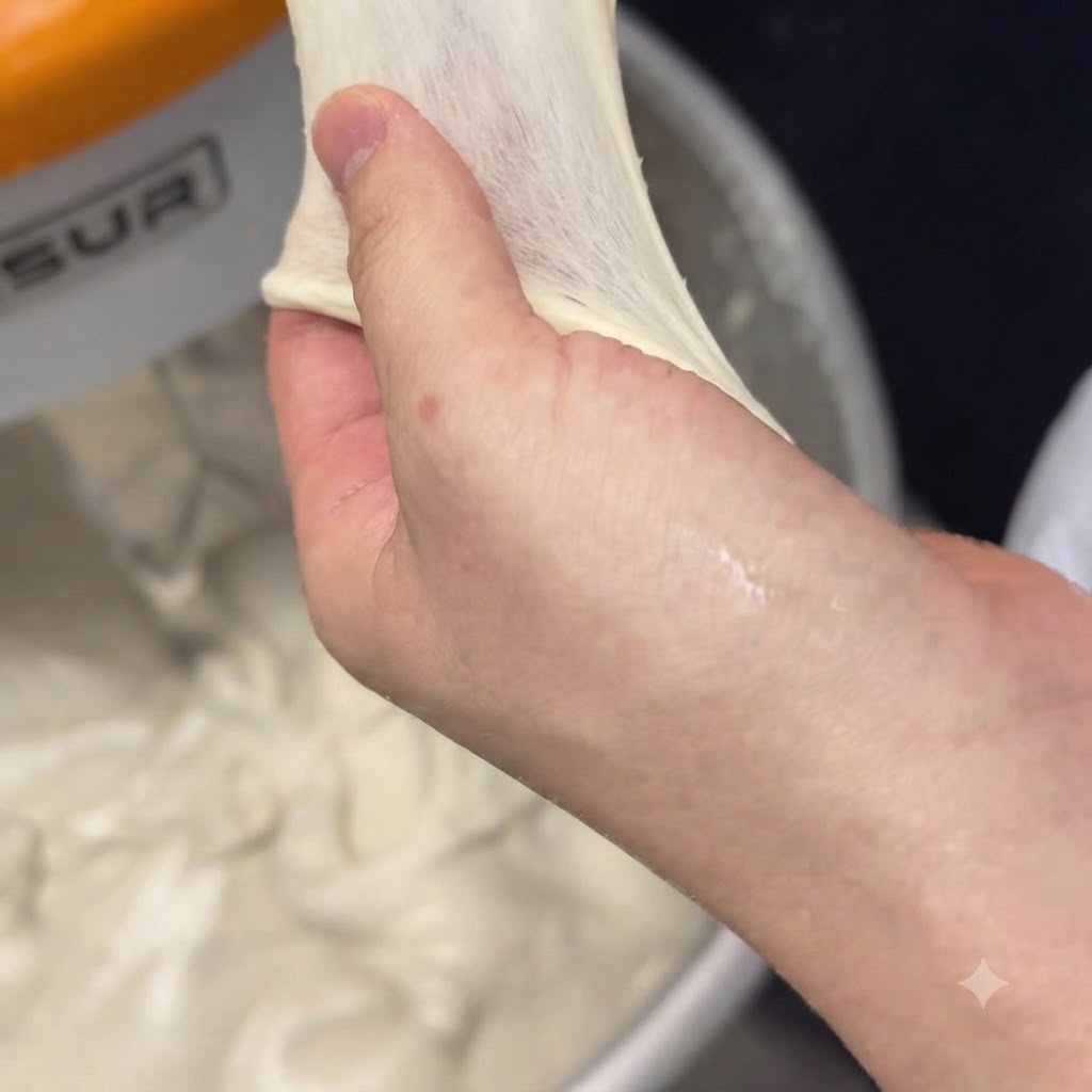 Una mano estirando una lamina fina y translucida de masa de pizza para comprobar el desarrollo del gluten.