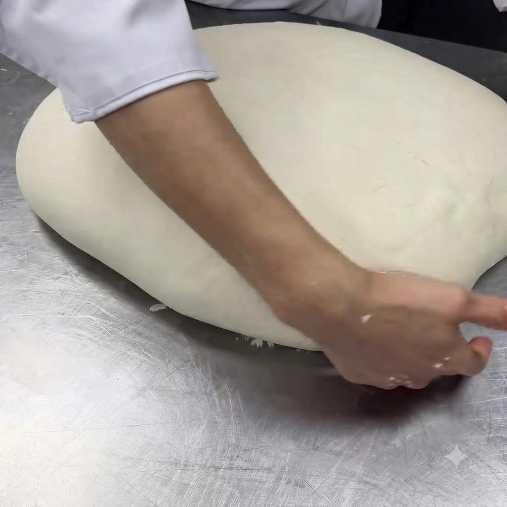 Manos de chef alisando y boleando una porcion grande de masa blanca sobre un mesón de acero inoxidable.