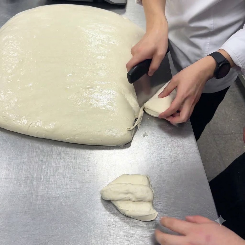 Una rasqueta cortando una lamina grande de masa blanca para pizza sobre una mesa de trabajo.