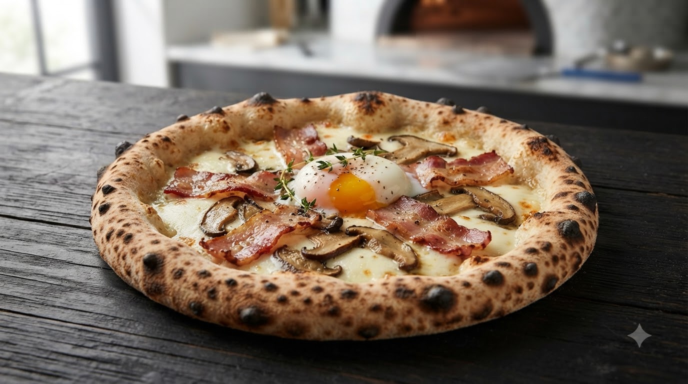 Una pizza napolitana moderna recien horneada con bordes tostados y aireados, cubierta de mozzarella fundida, tocino grueso, champinones porcini y un huevo blando.