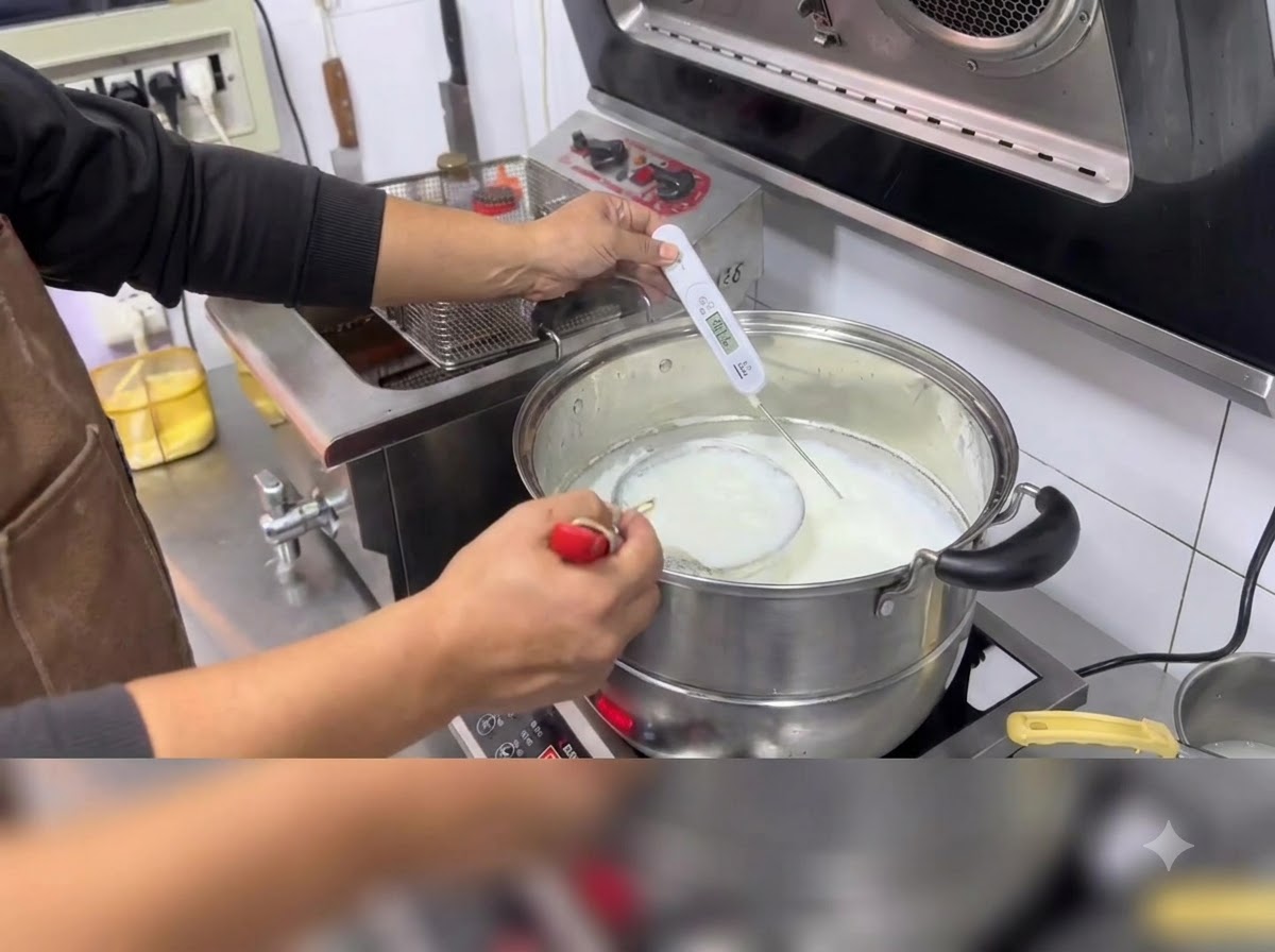 Leche calentándose en una olla grande en la estufa con un termómetro digital que muestra la temperatura.