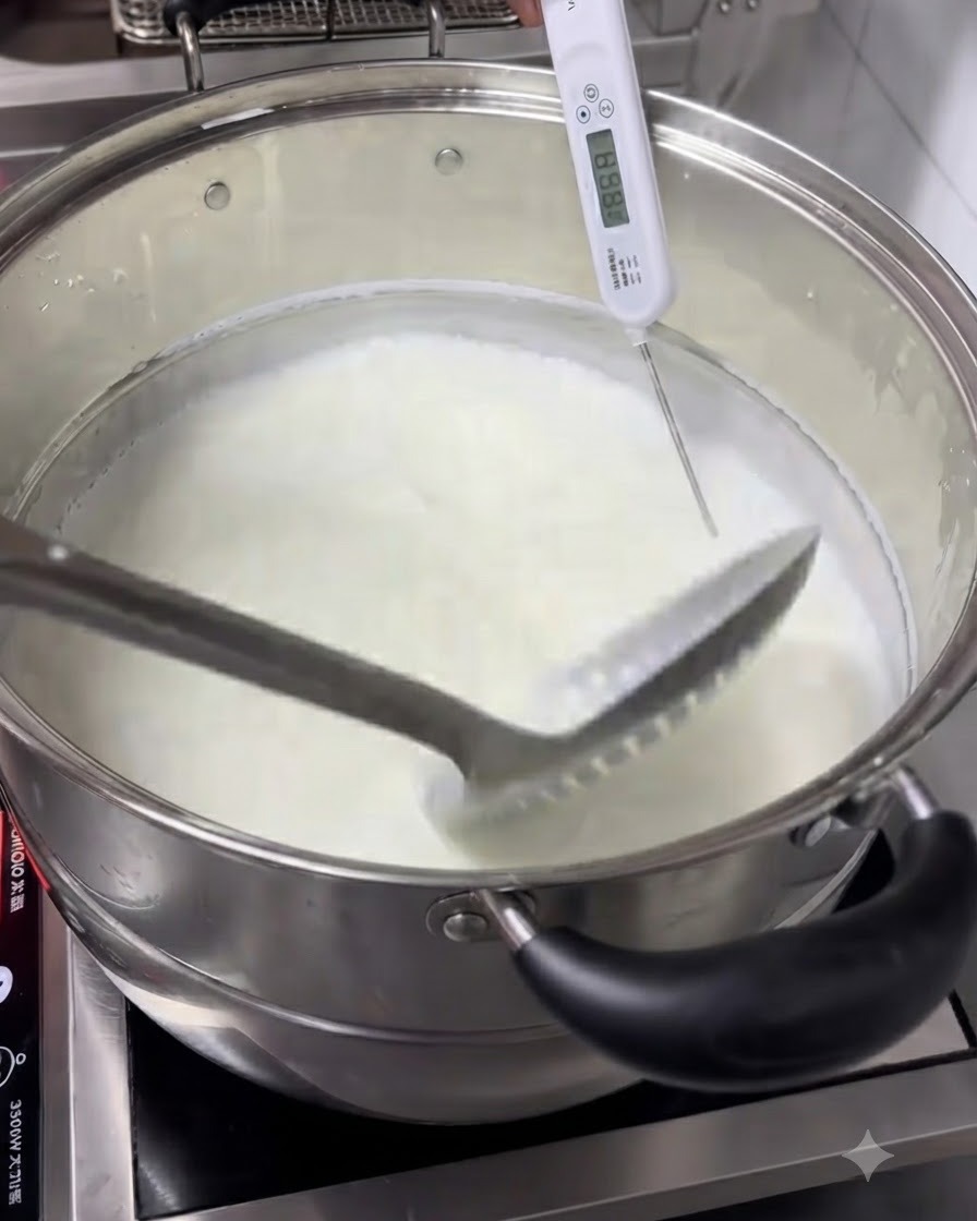 Jugo de limón fresco siendo vertido desde una taza medidora en una olla con leche tibia.