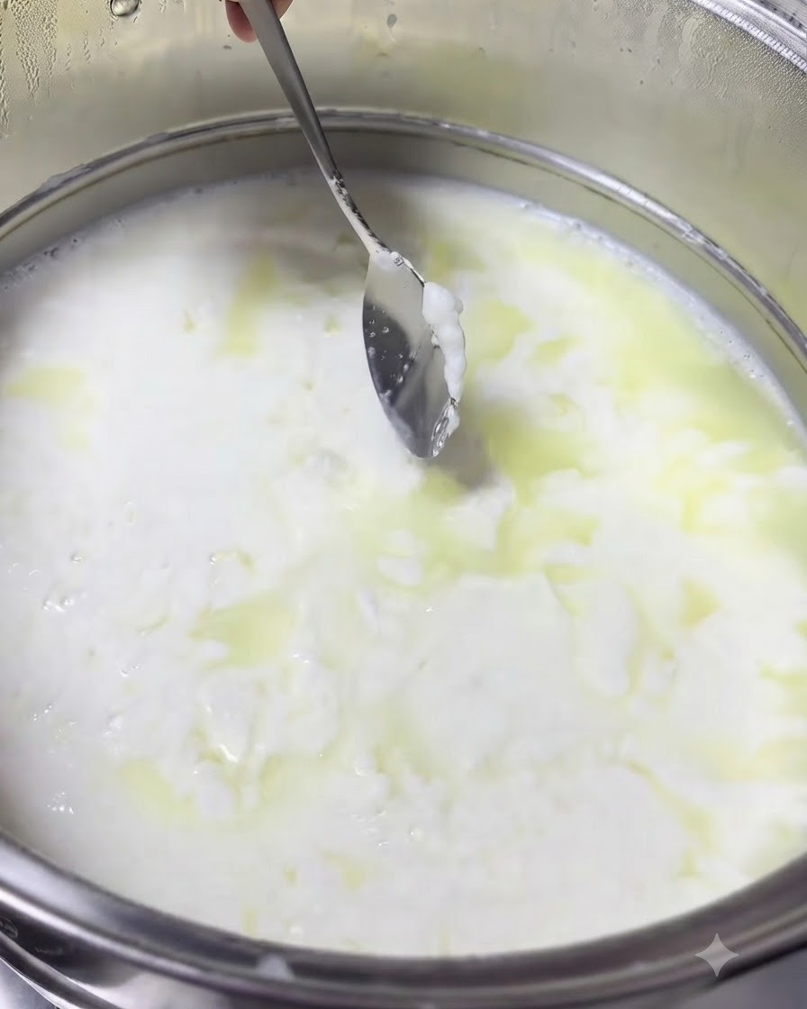 Manos sosteniendo una gasa de queso blanca llena de cuajados de leche sobre una olla para colar el suero líquido.