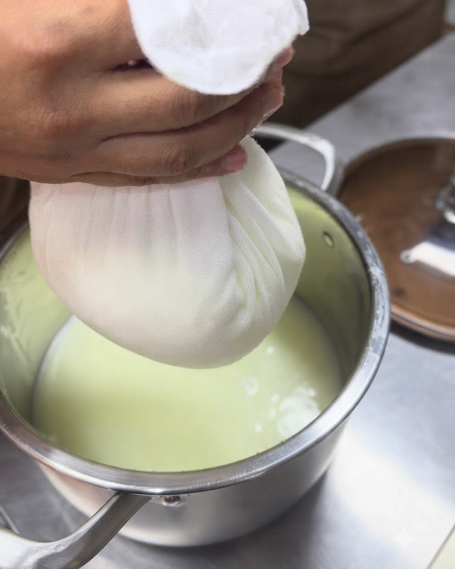 Una gasa de queso atada colgando y escurriendo el suero en una olla de metal abajo.