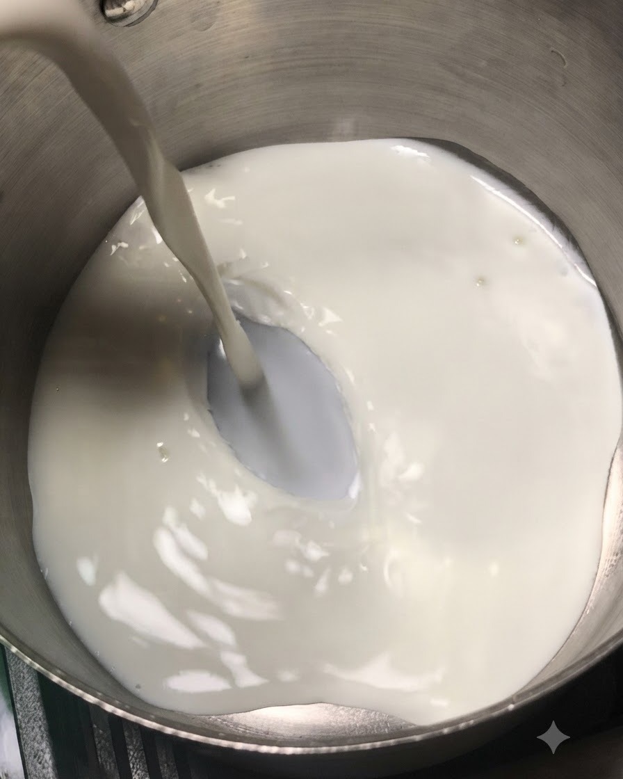 Leche y crema de leche siendo vertidas en una cacerola de acero inoxidable sobre una estufa.