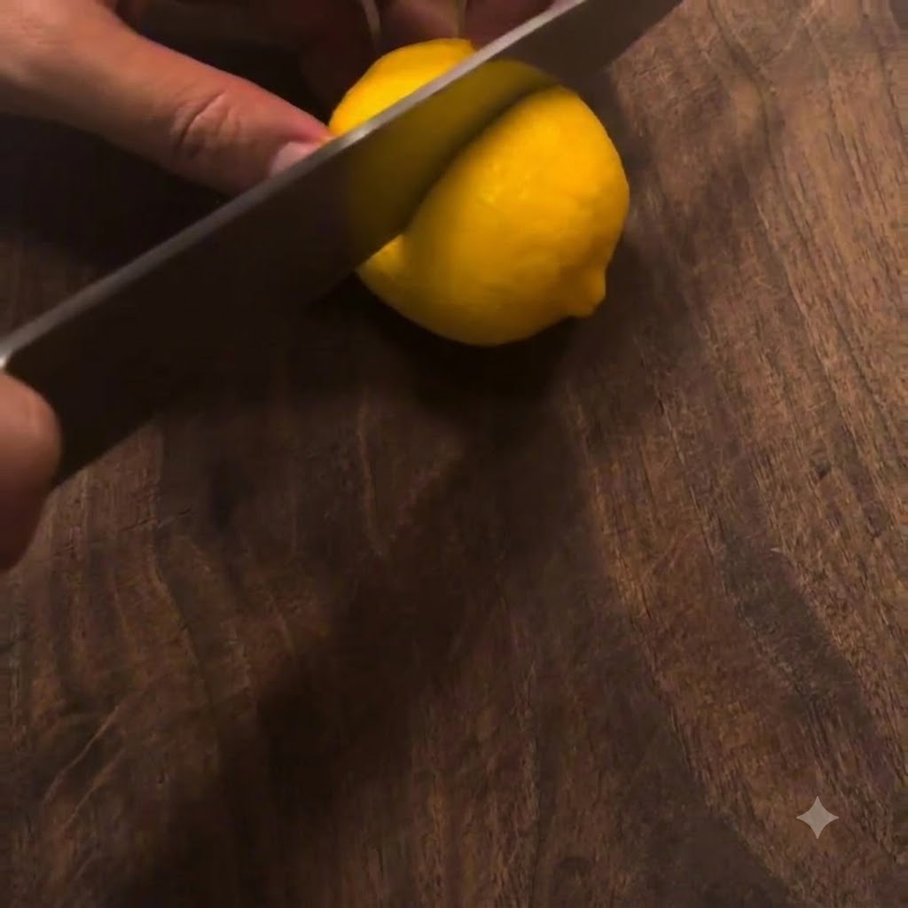 Un cuchillo afilado cortando un limón amarillo fresco por la mitad en una tabla de cortar de madera.