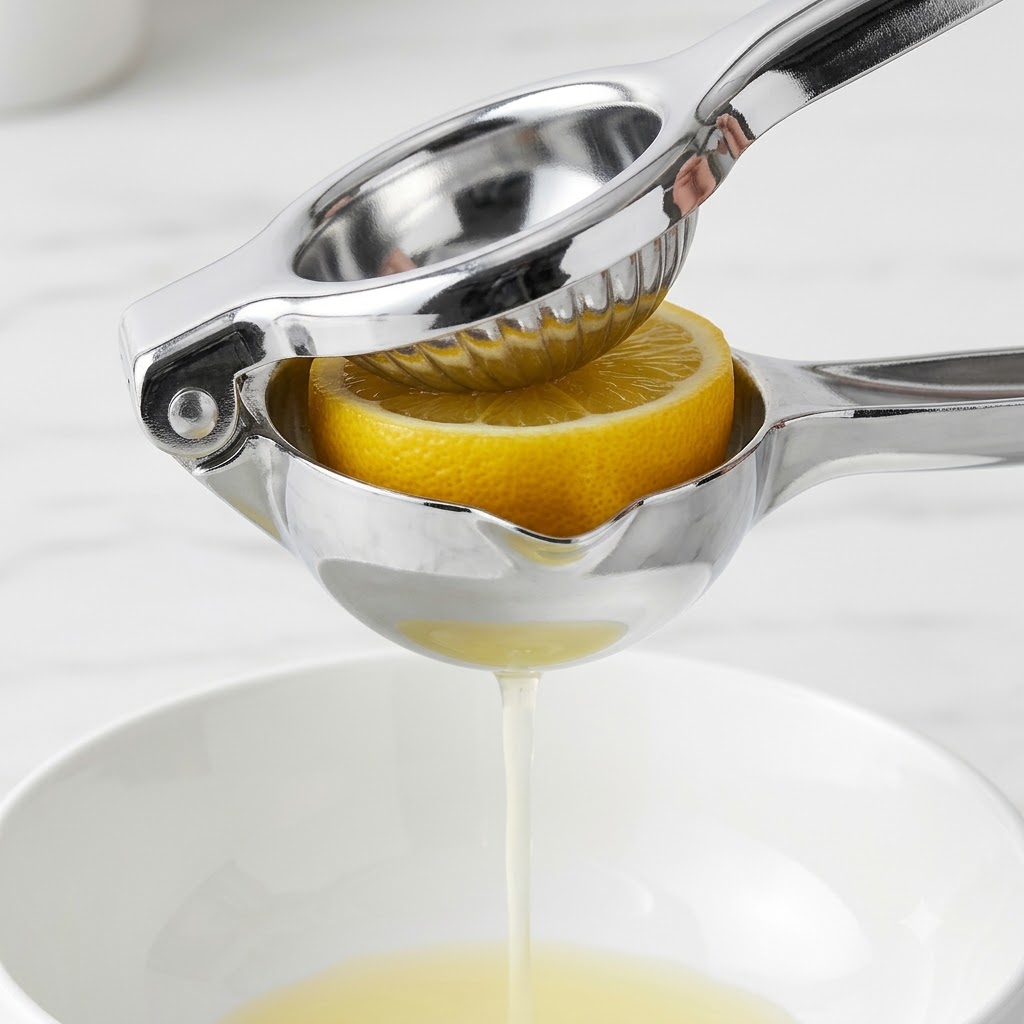 Una mitad de limón siendo exprimida con un exprimidor de cítricos de acero inoxidable, liberando jugo en un tazón blanco.