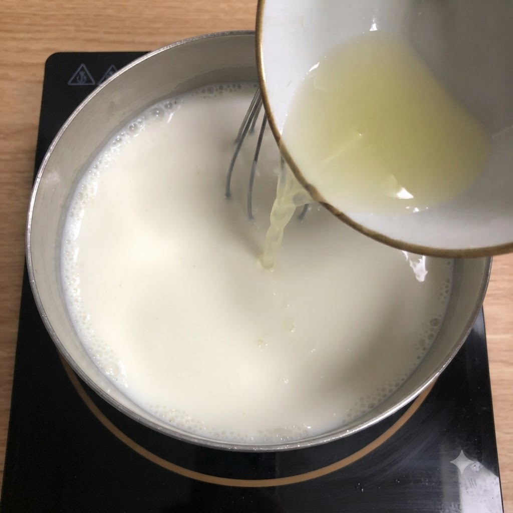 Jugo de limón recién exprimido vertido desde un tazón pequeño en una olla con leche tibia mientras se bate.