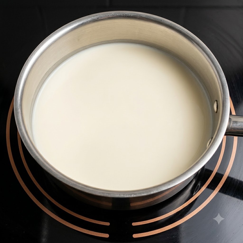 La mezcla de leche cortada reposando en una cacerola después de estar fuera del fuego.