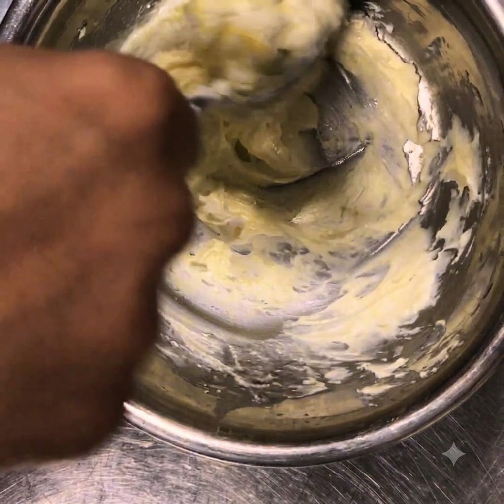 Mano usando una cuchara para revolver y suavizar queso ricotta frío dentro de un tazón de metal.