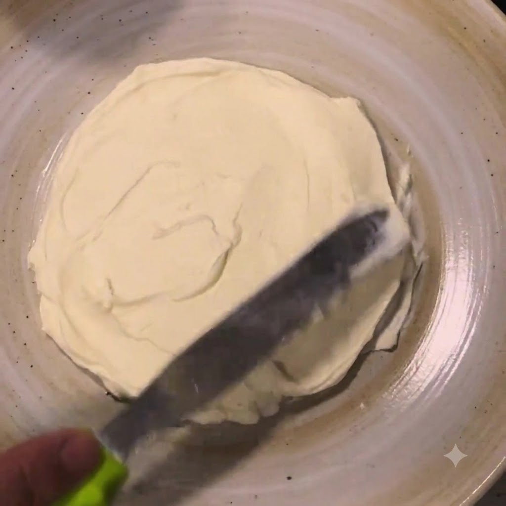 Queso ricotta casero siendo untado en una capa circular sobre un plato con un cuchillo plano.