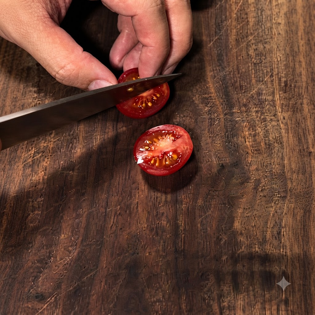 Tomates cherry frescos siendo cortados por la mitad en una tabla de cortar de madera usando un cuchillo.