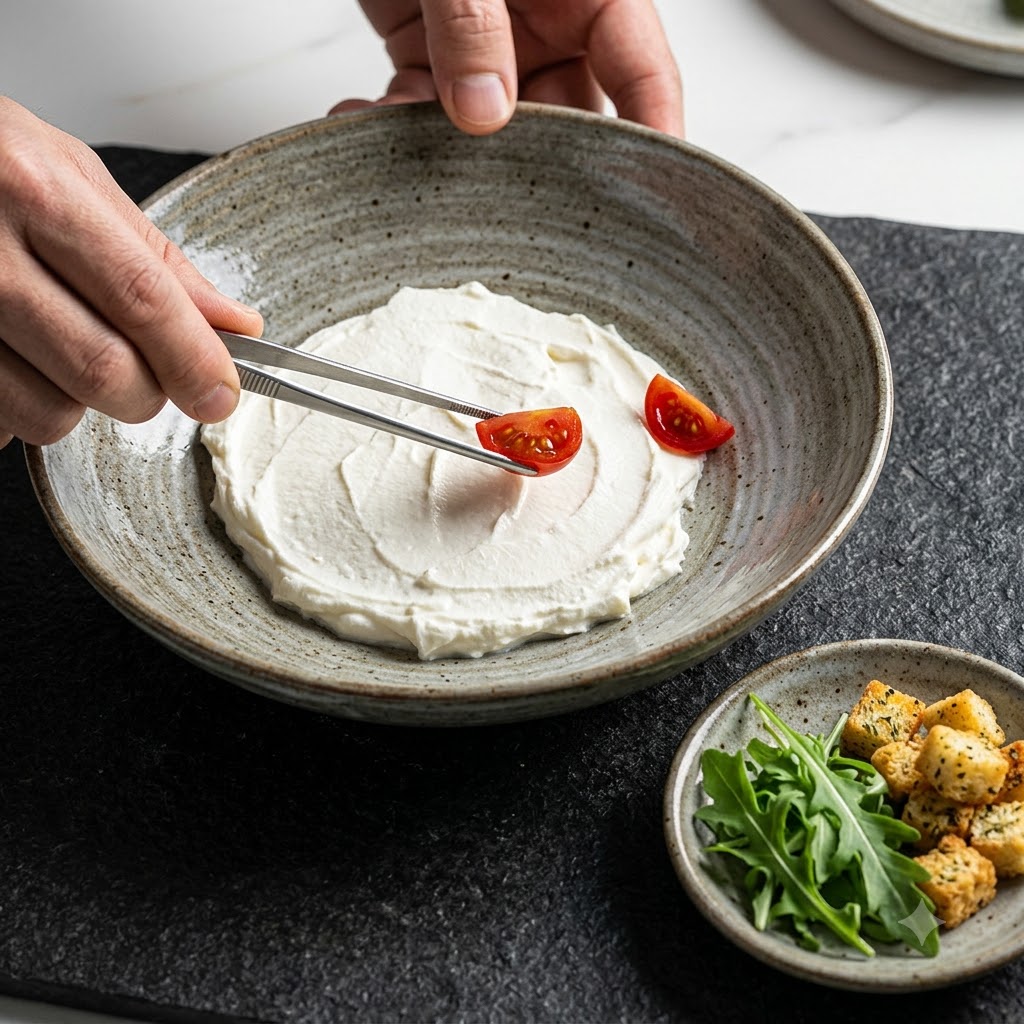 Hojas de rúcula verde fresca colocadas en un círculo alrededor del borde de la pasta de queso ricotta en un tazón.