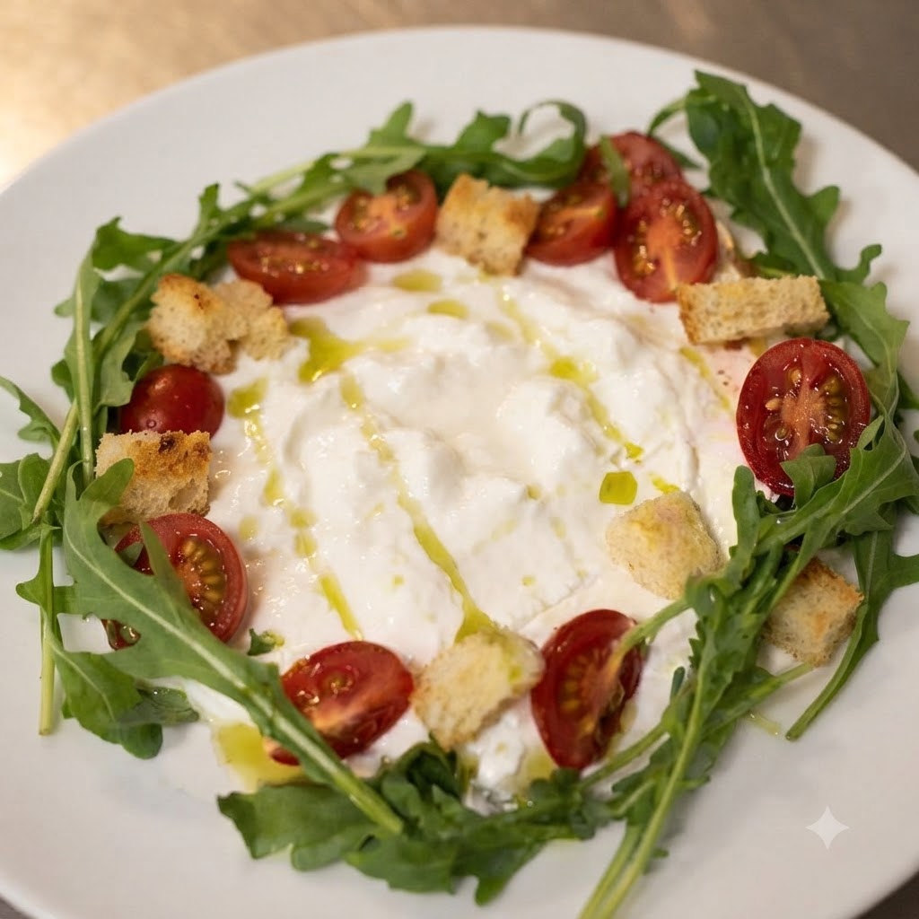Vinagreta balsámica oscura y aceite de albahaca verde rociados sobre la ricotta y la ensalada en el plato.