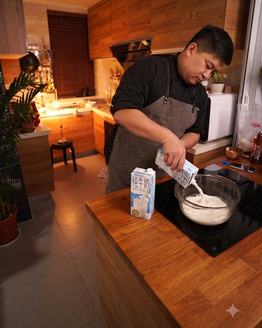 Leche fresca cayendo de un cartón en un tazón grande de vidrio transparente sobre una encimera de madera.