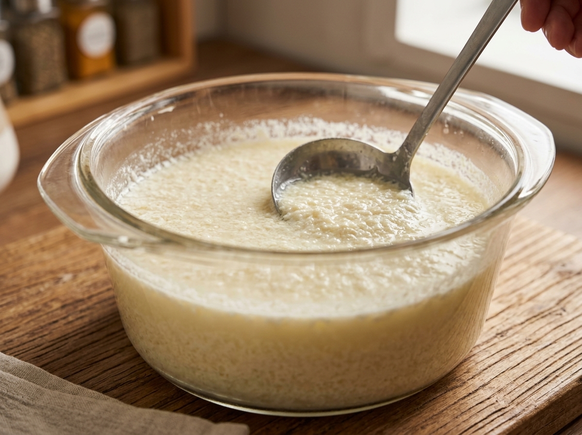 Una cuchara ranurada levantando y comprobando la textura de los grumos de leche recién formados en un tazón de vidrio.