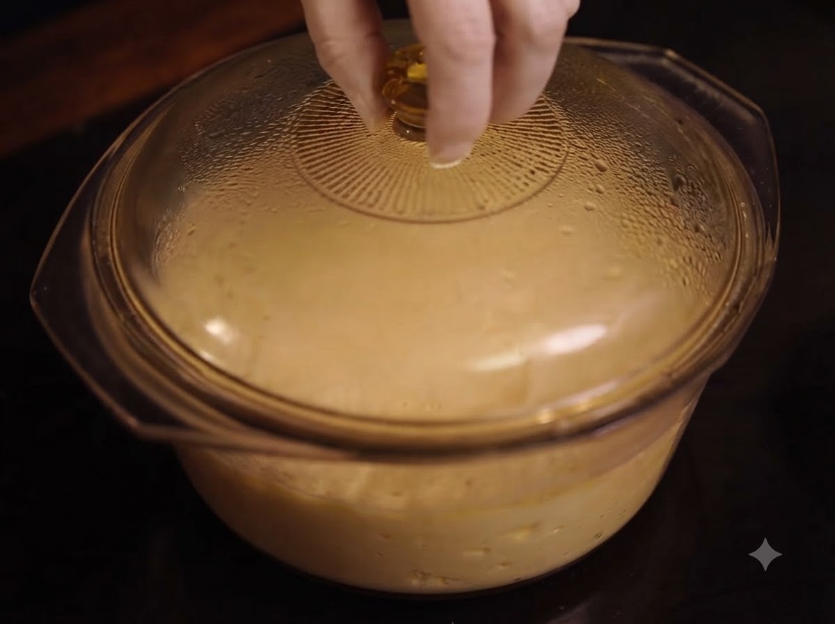 Una tapa de vidrio siendo colocada encima de una olla de cocción llena de mezcla de ricotta a fuego lento.