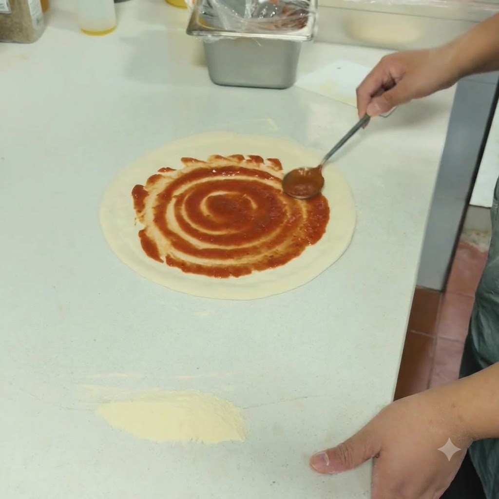 Salsa de tomate roja extendiéndose en forma de espiral sobre la masa de pizza con una cuchara.